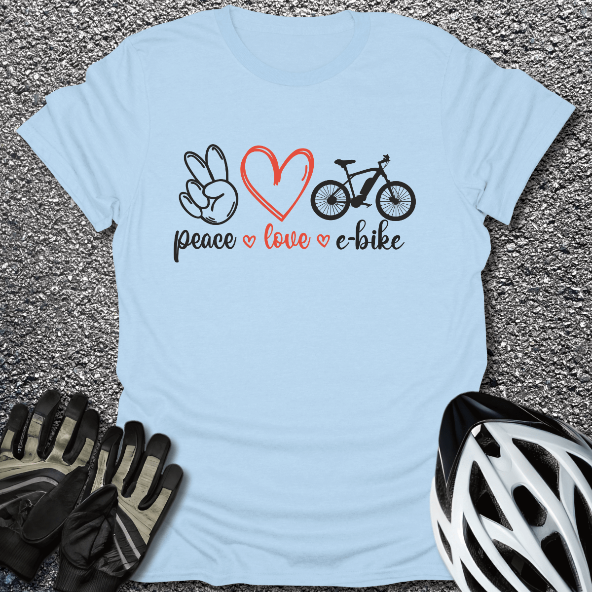 Peace Love E-Bike T-Shirt in Light Blue / S from CycleTees