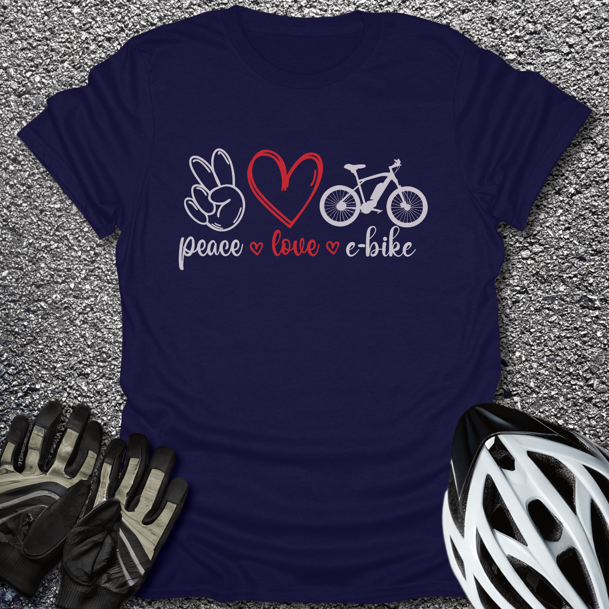 Peace Love E-Bike T-Shirt in Navy / S from CycleTees