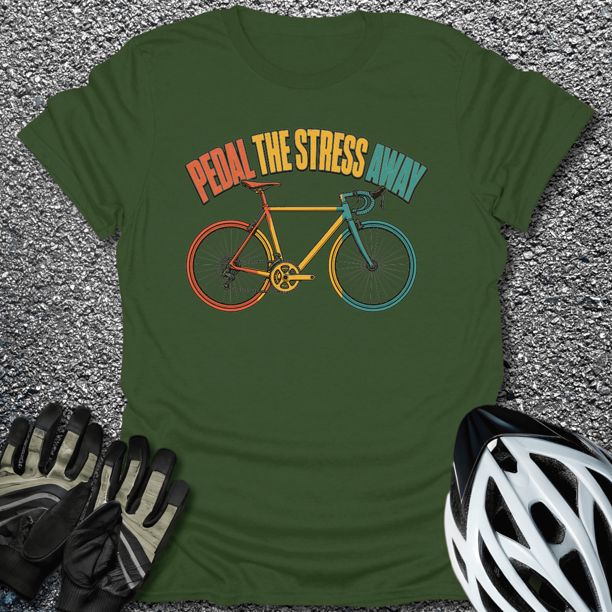 Pedal Stress Away T-Shirt in Military Green / S from CycleTees