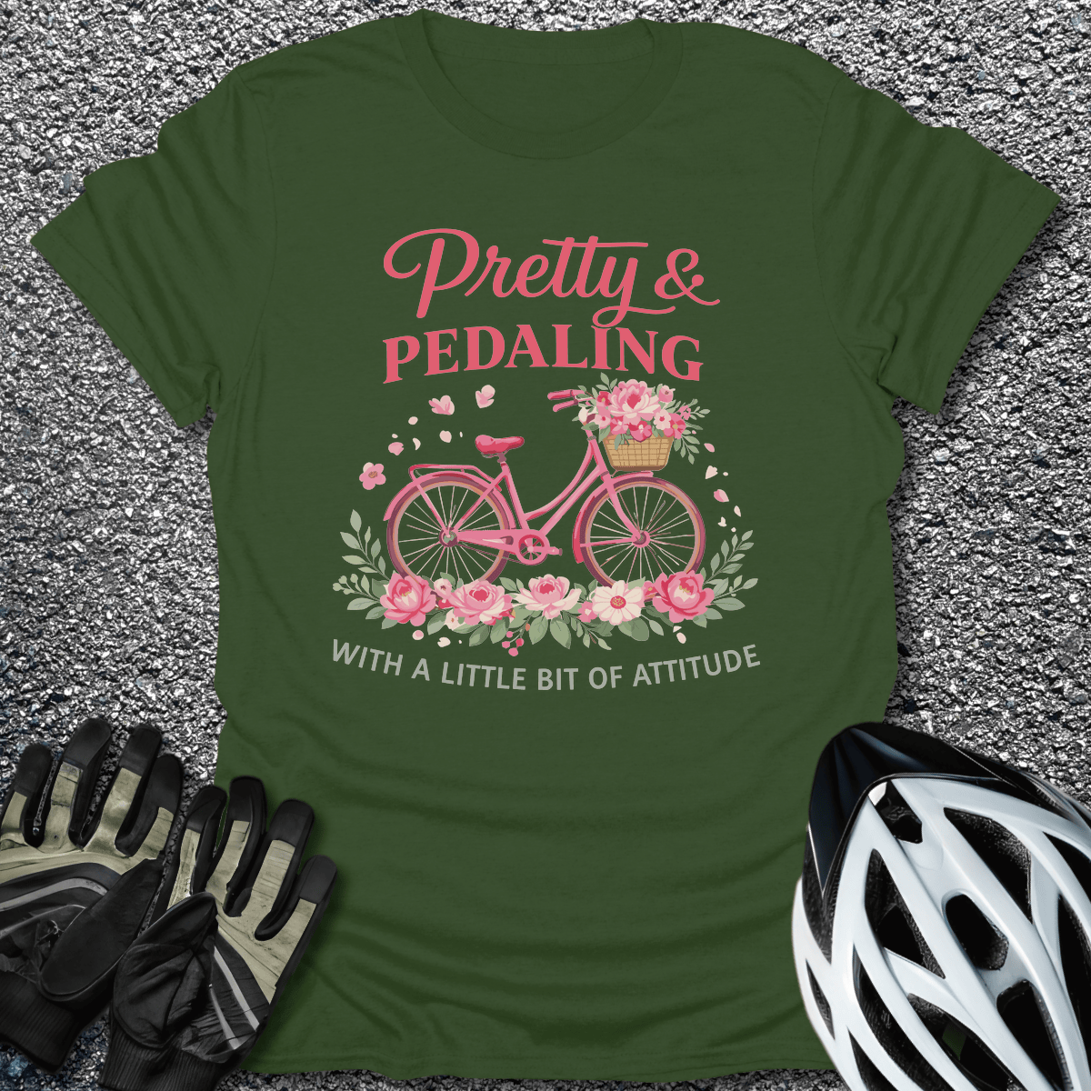 Pretty and Pedaling T-Shirt in Military Green / S from CycleTees