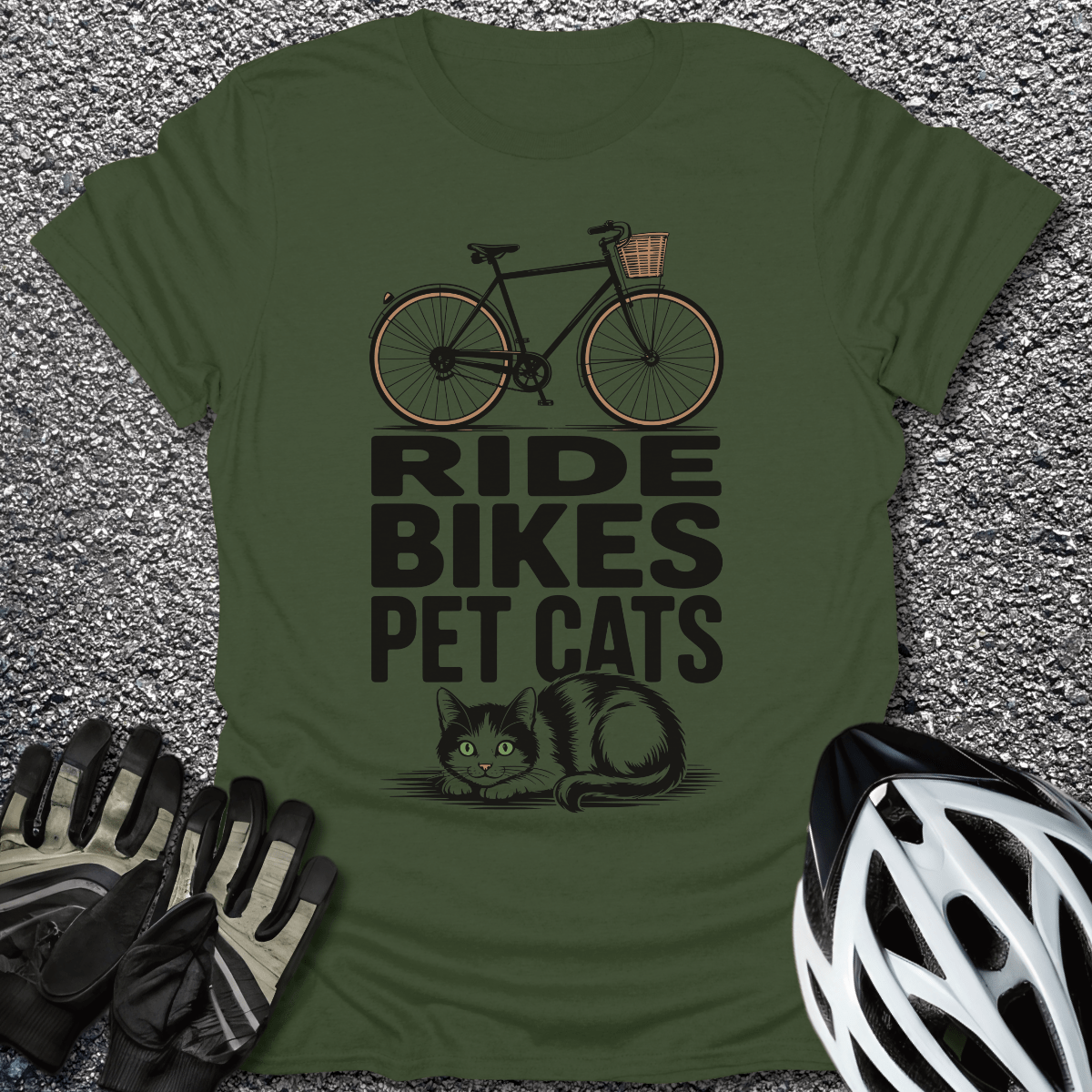 Ride Bikes Pet Cats T-Shirt in Military Green / S from CycleTees