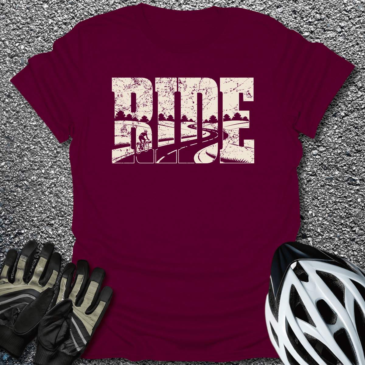 Ride Road Scene T-Shirt in Maroon / S from CycleTees