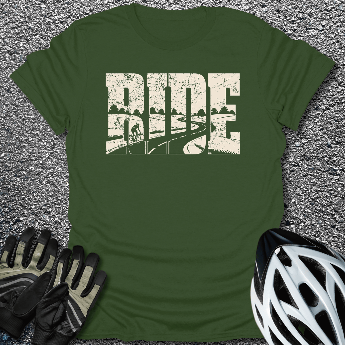 Ride Road Scene T-Shirt in Military Green / S from CycleTees