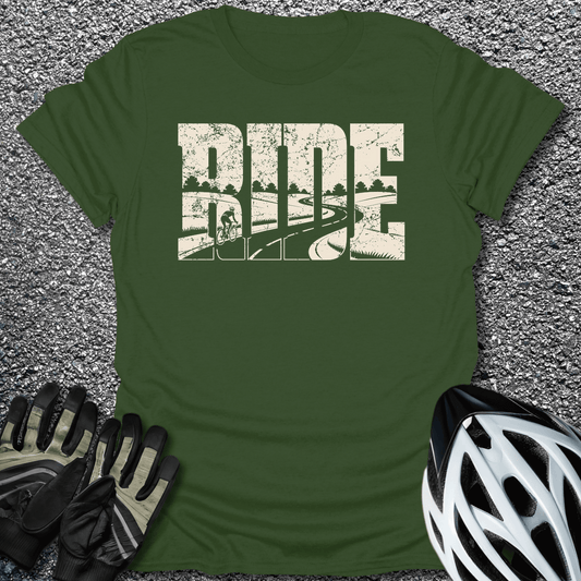 Ride Road Scene T-Shirt in Military Green / S from CycleTees