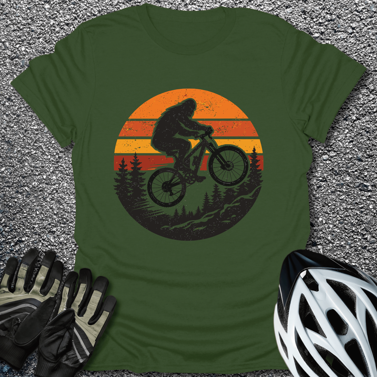 Sasquatch at Sunset T-Shirt in Military Green / S from CycleTees