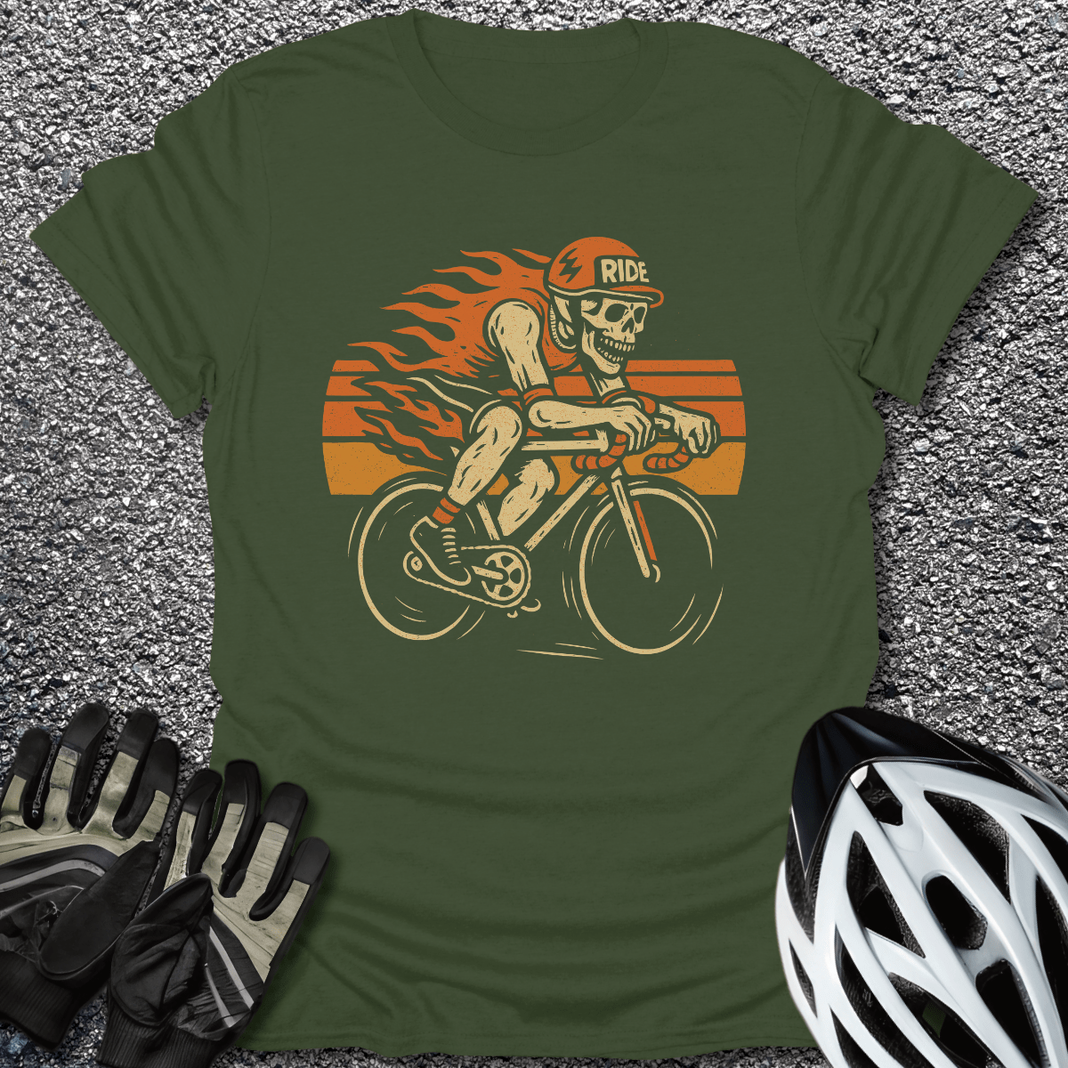 Skeleton Ride T-Shirt in Military Green / S from CycleTees
