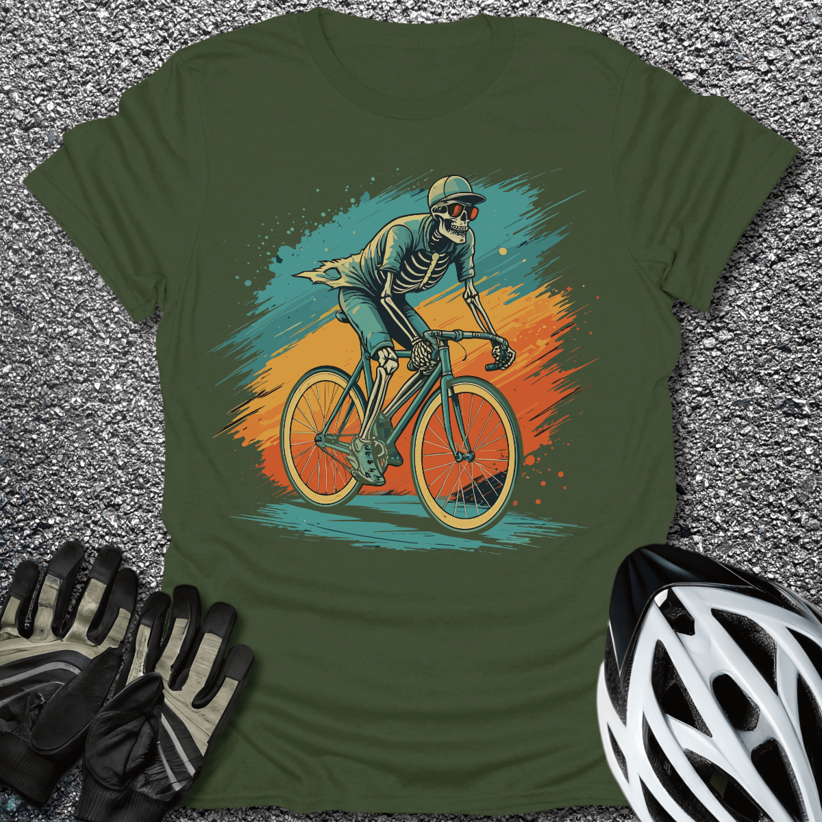 Skeleton Rider T-Shirt in Military Green / S from CycleTees