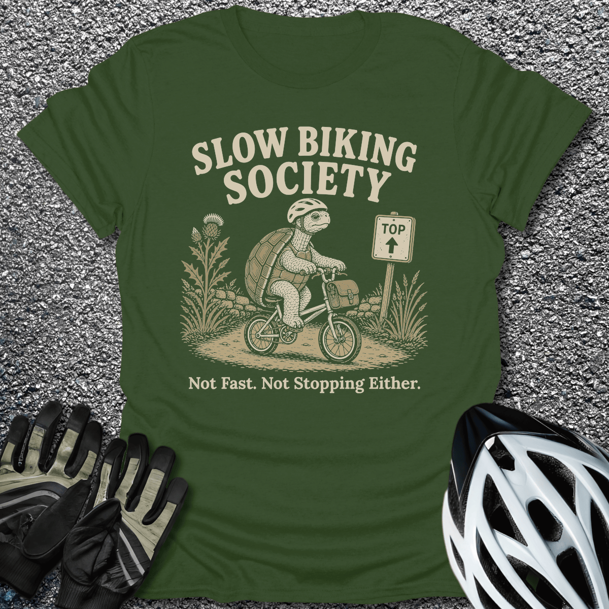 Slow Biking Society T-Shirt in Military Green / S from CycleTees