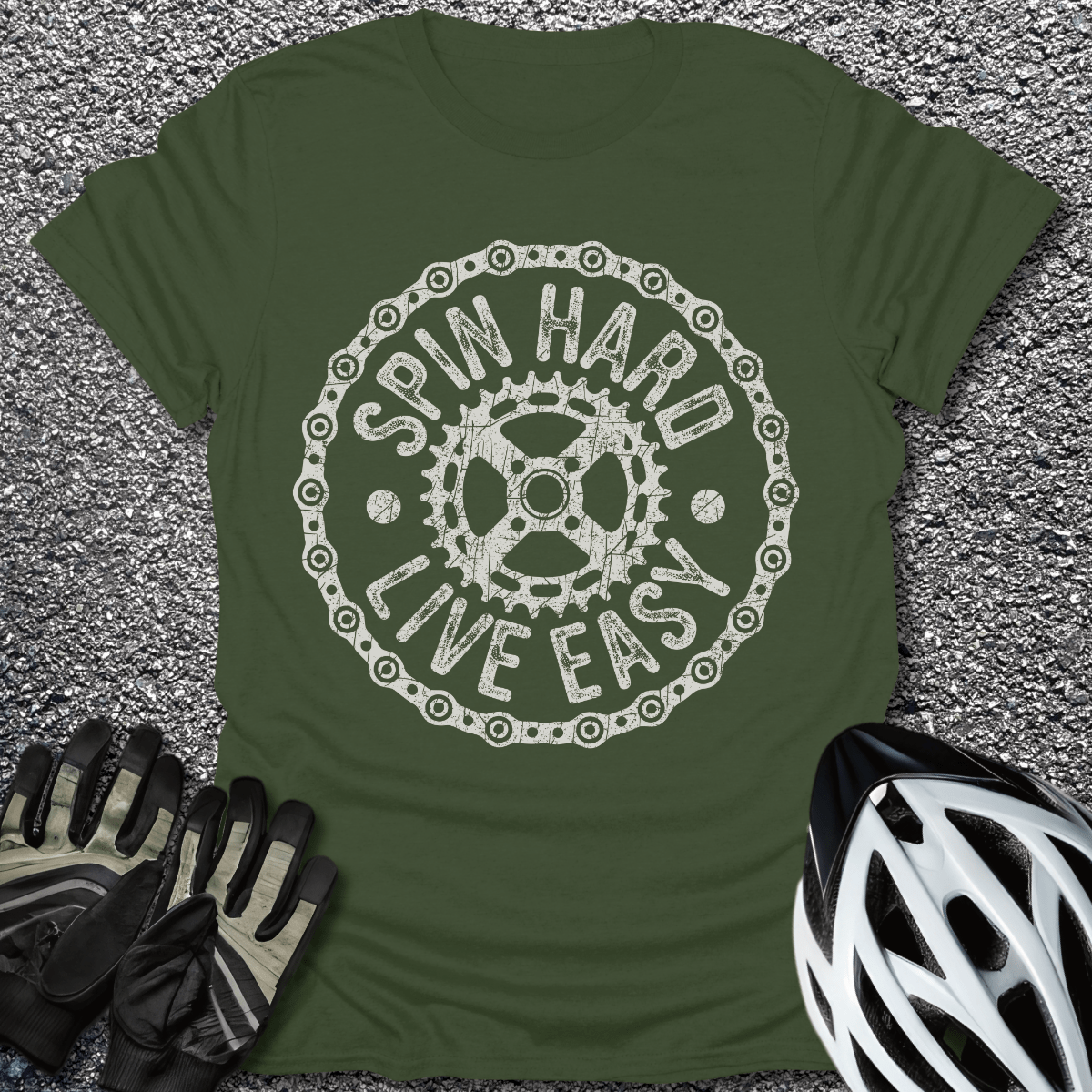 Spin Hard Live Easy T-Shirt in Military Green / S from CycleTees