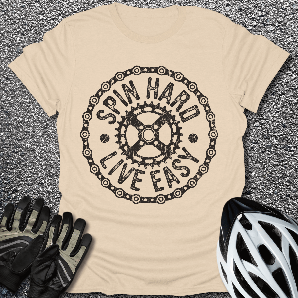 Spin Hard Live Easy T-Shirt in Sand / S from CycleTees