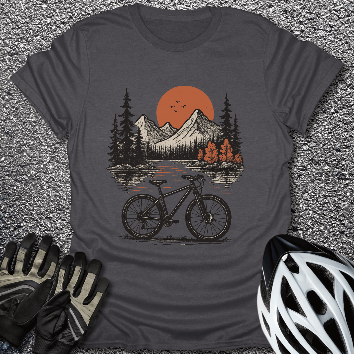 Sunset Peaks & Wheels T-Shirt in Dark Heather / S from CycleTees