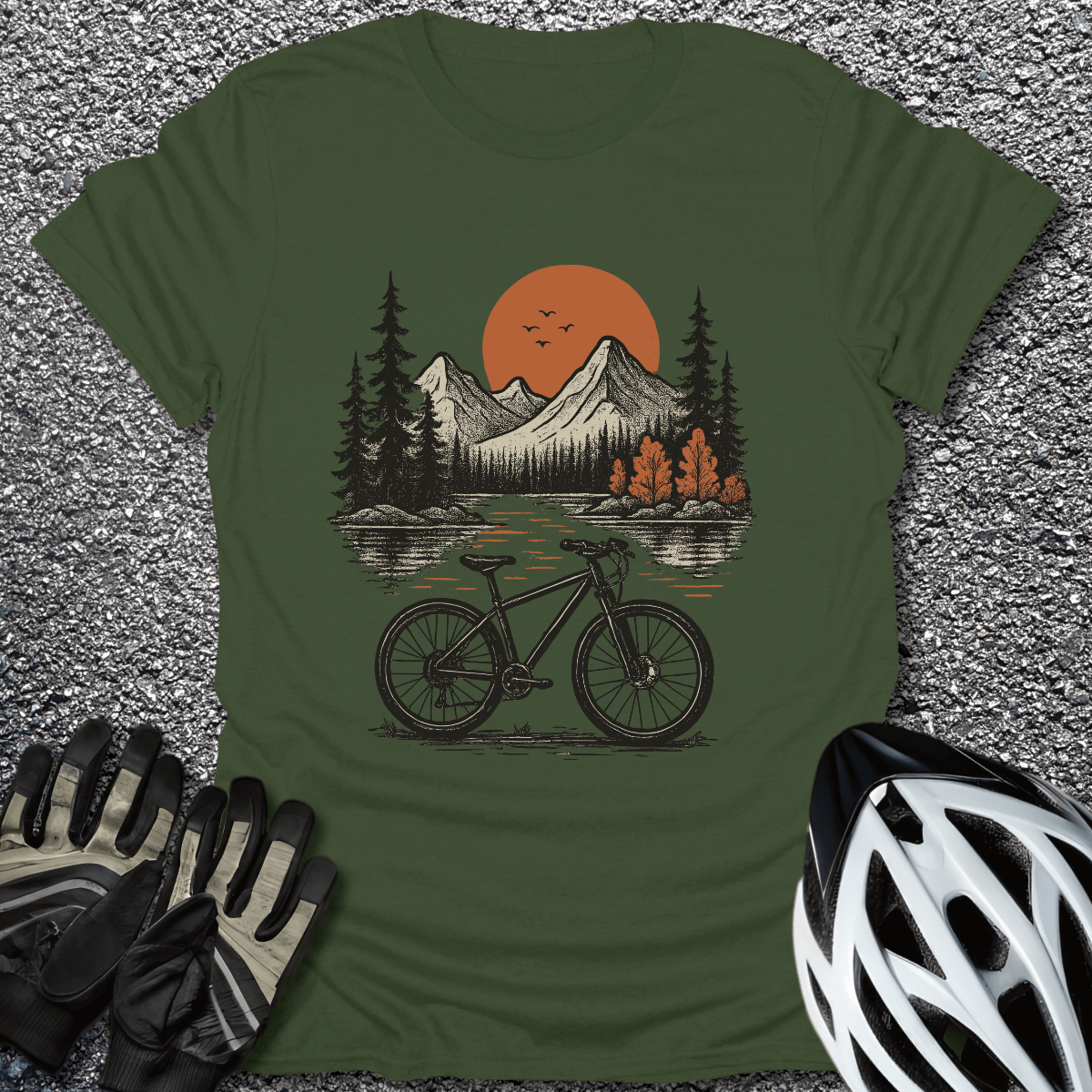 Sunset Peaks & Wheels T-Shirt in Military Green / S from CycleTees