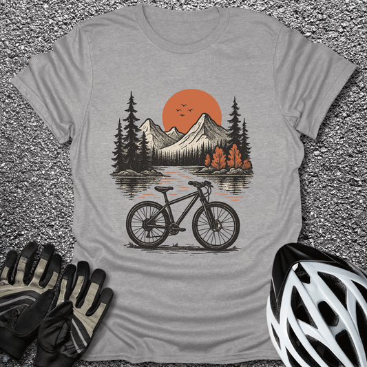 Sunset Peaks & Wheels T-Shirt in Sport Grey / S from CycleTees