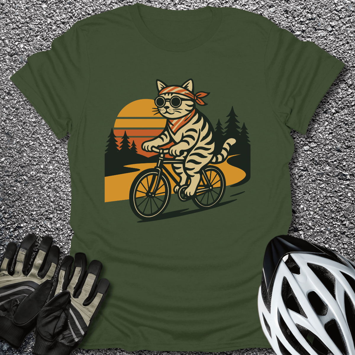 Sunset Trail Kitty T-Shirt in Military Green / S from CycleTees