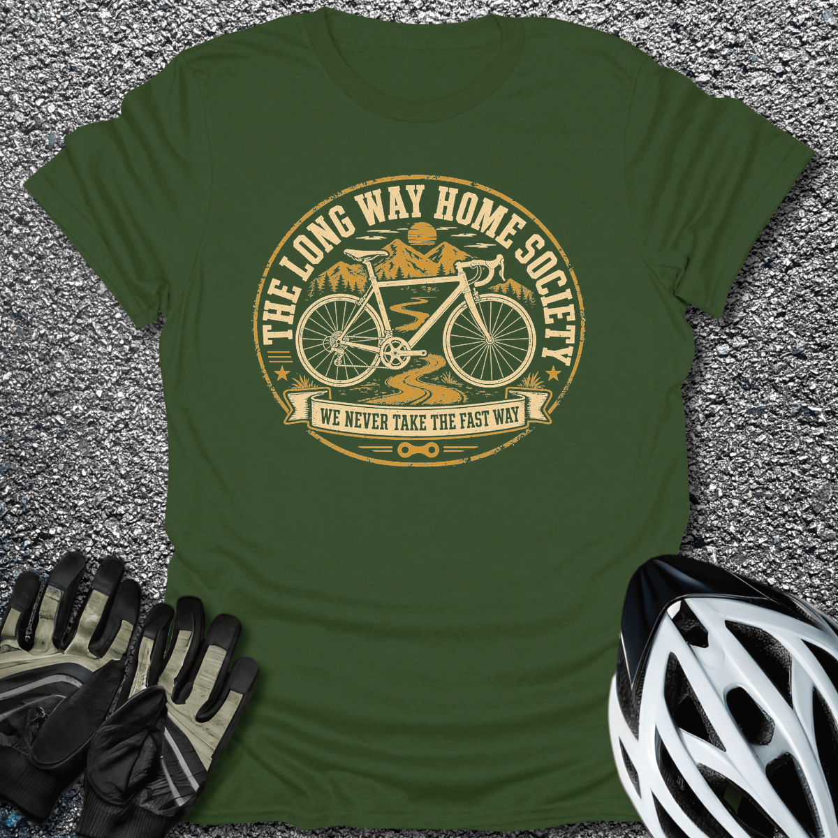 The Long Way Home T-Shirt in Military Green / S from CycleTees