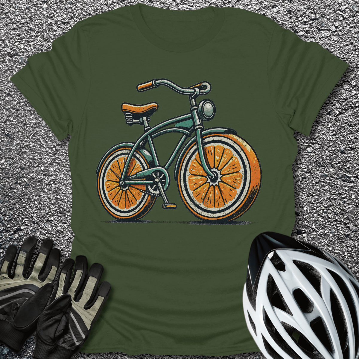 Vintage Orange Bike T-Shirt in Military Green / S from CycleTees