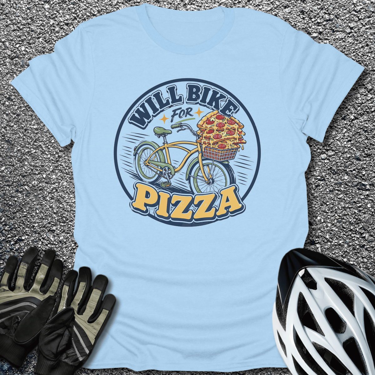 Will Bike for Pizza T-Shirt in Light Blue / S from CycleTees
