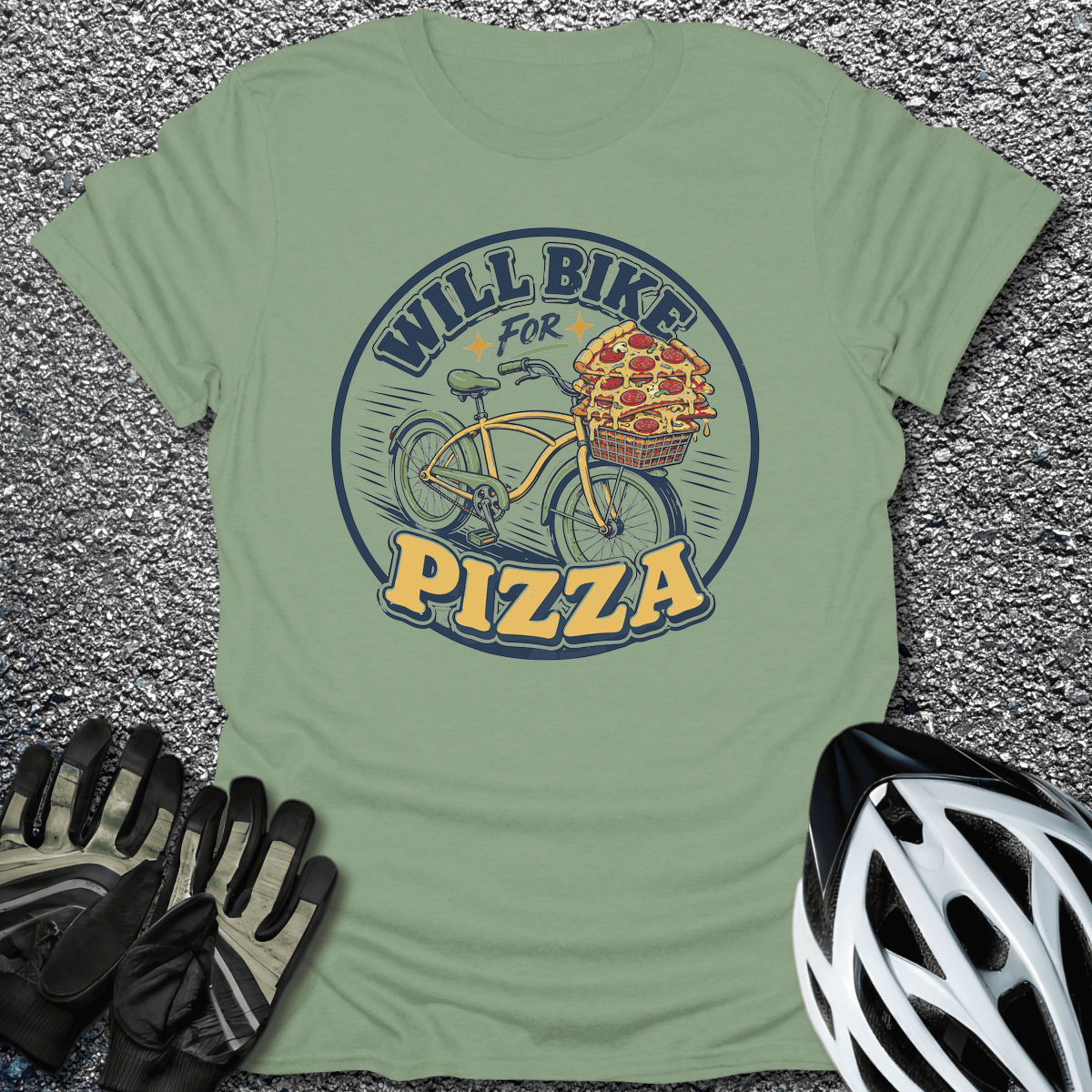 Will Bike for Pizza T-Shirt in Sage / S from CycleTees