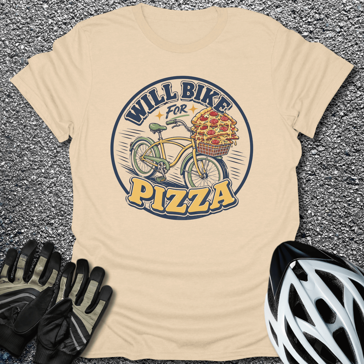 Will Bike for Pizza T-Shirt in Sand / S from CycleTees