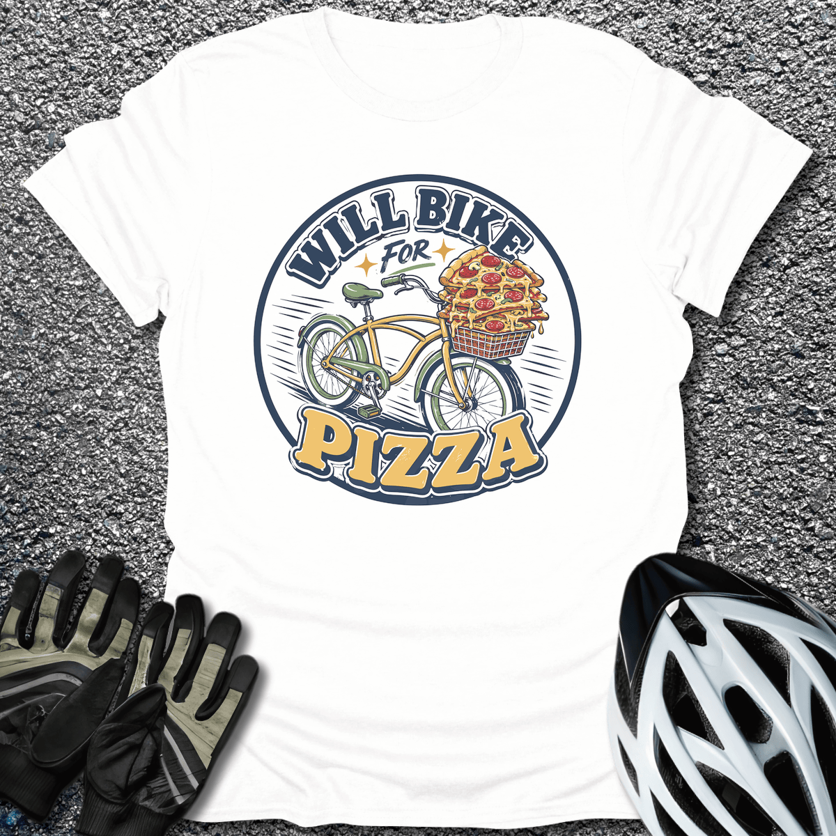 Will Bike for Pizza T-Shirt in White / S from CycleTees