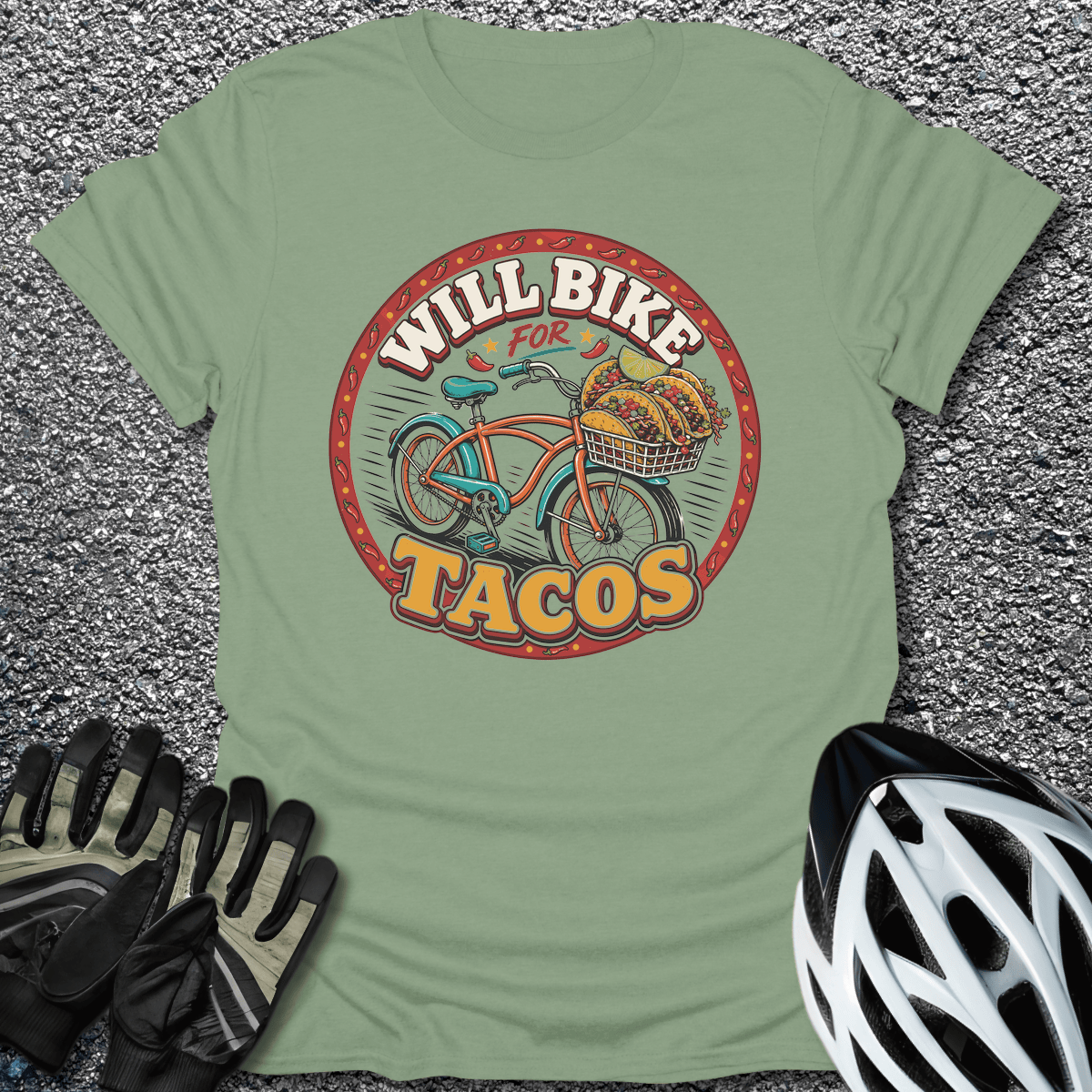Will Bike for Tacos T-Shirt in Sage / S from CycleTees