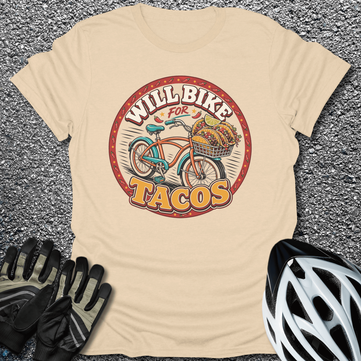 Will Bike for Tacos T-Shirt in Sand / S from CycleTees