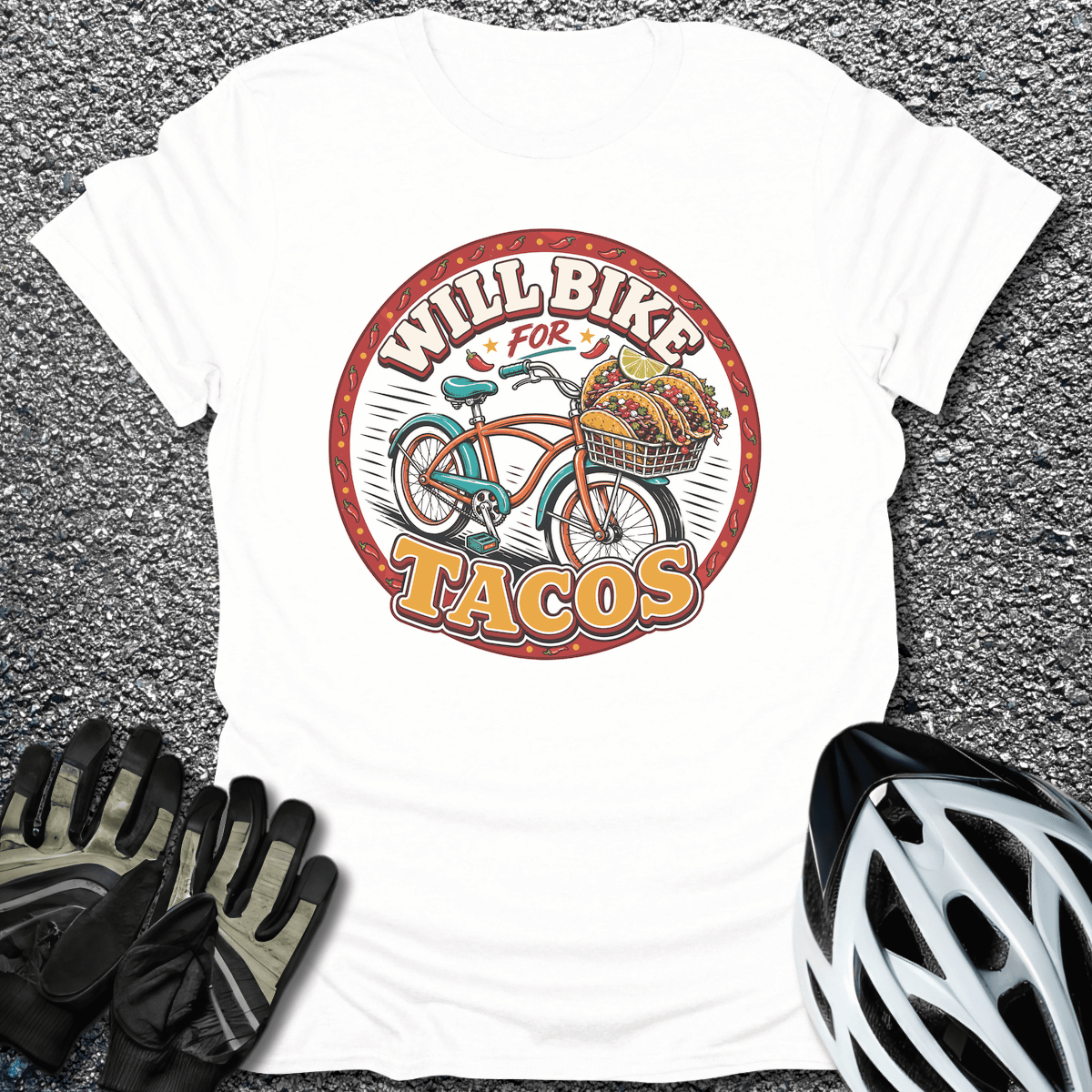 Will Bike for Tacos T-Shirt in White / S from CycleTees