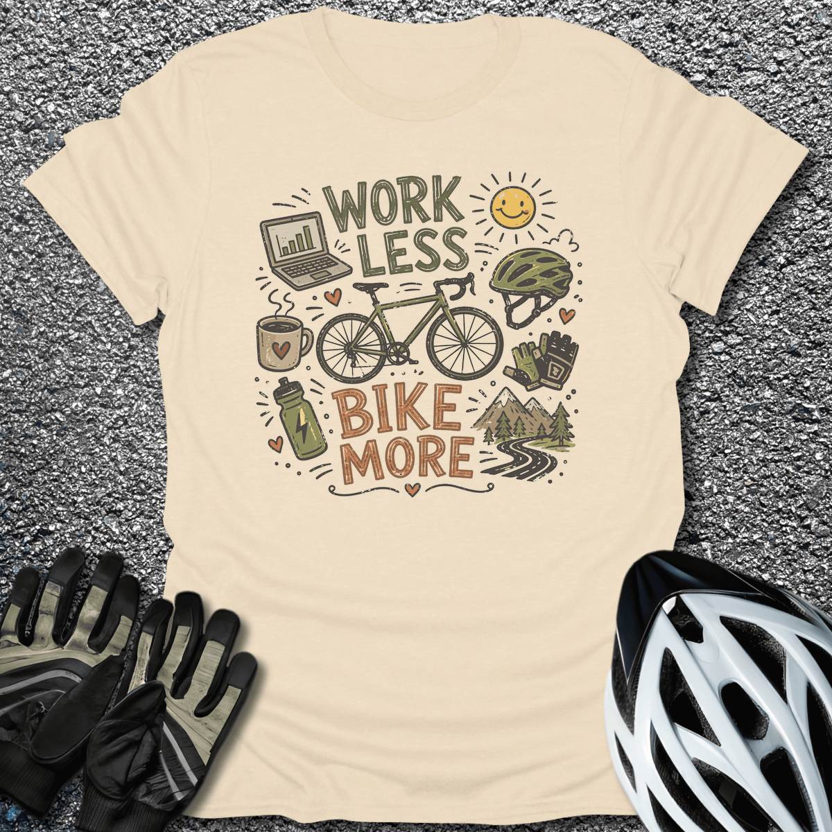 Work Less Bike More T-Shirt in Natural / S from CycleTees