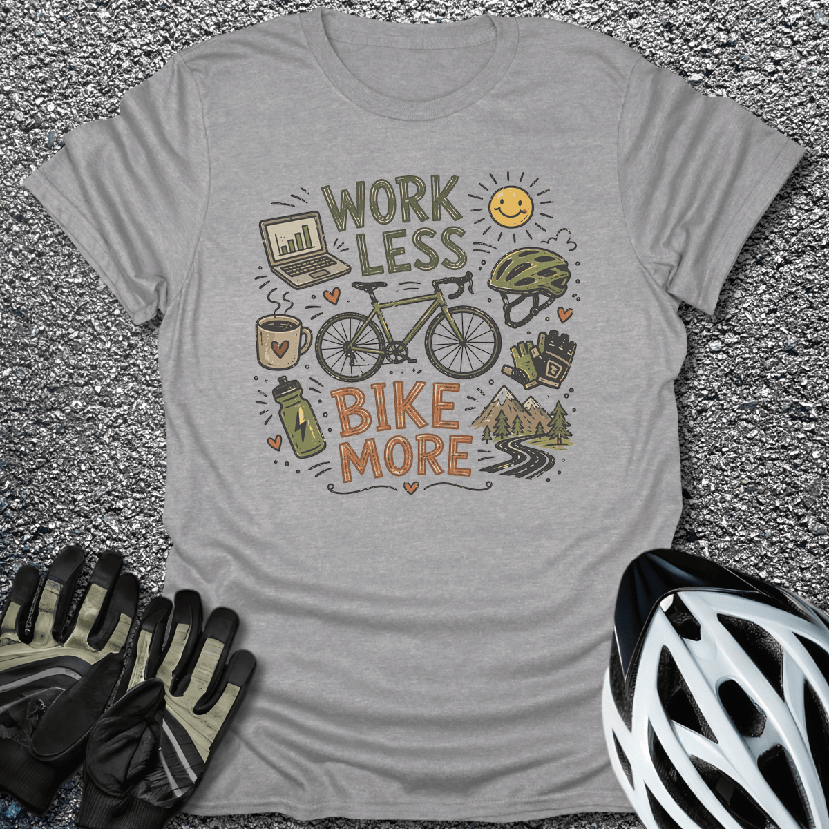 Work Less Bike More T-Shirt in Sport Grey / S from CycleTees