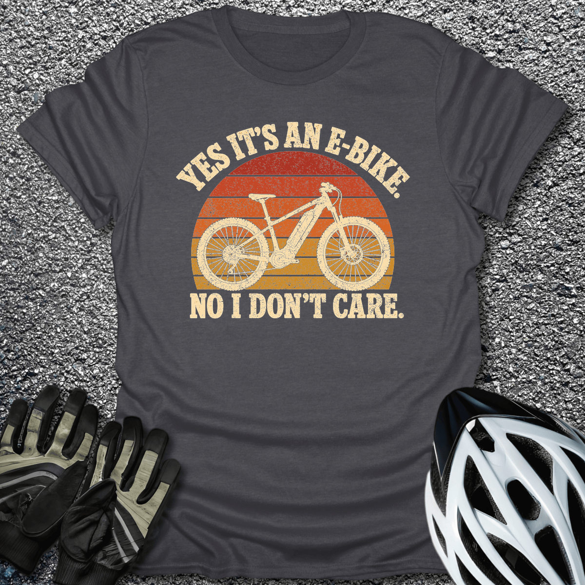 Yes E-Bike Don't Care T-Shirt in Dark Heather / S from CycleTees