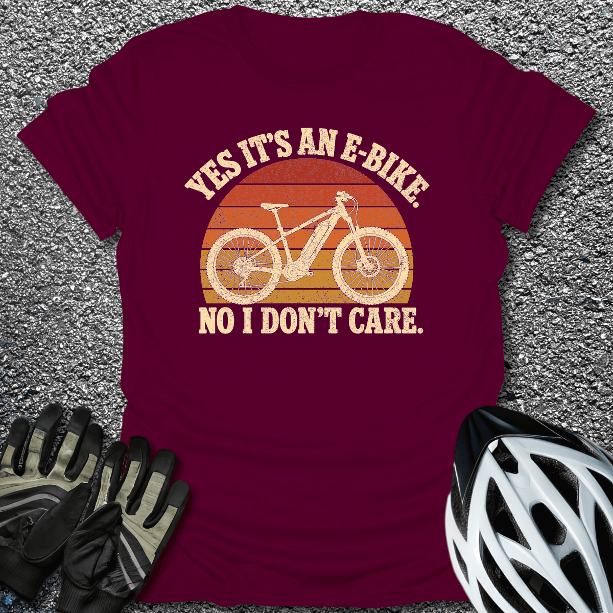 Yes E-Bike Don't Care T-Shirt in Maroon / S from CycleTees