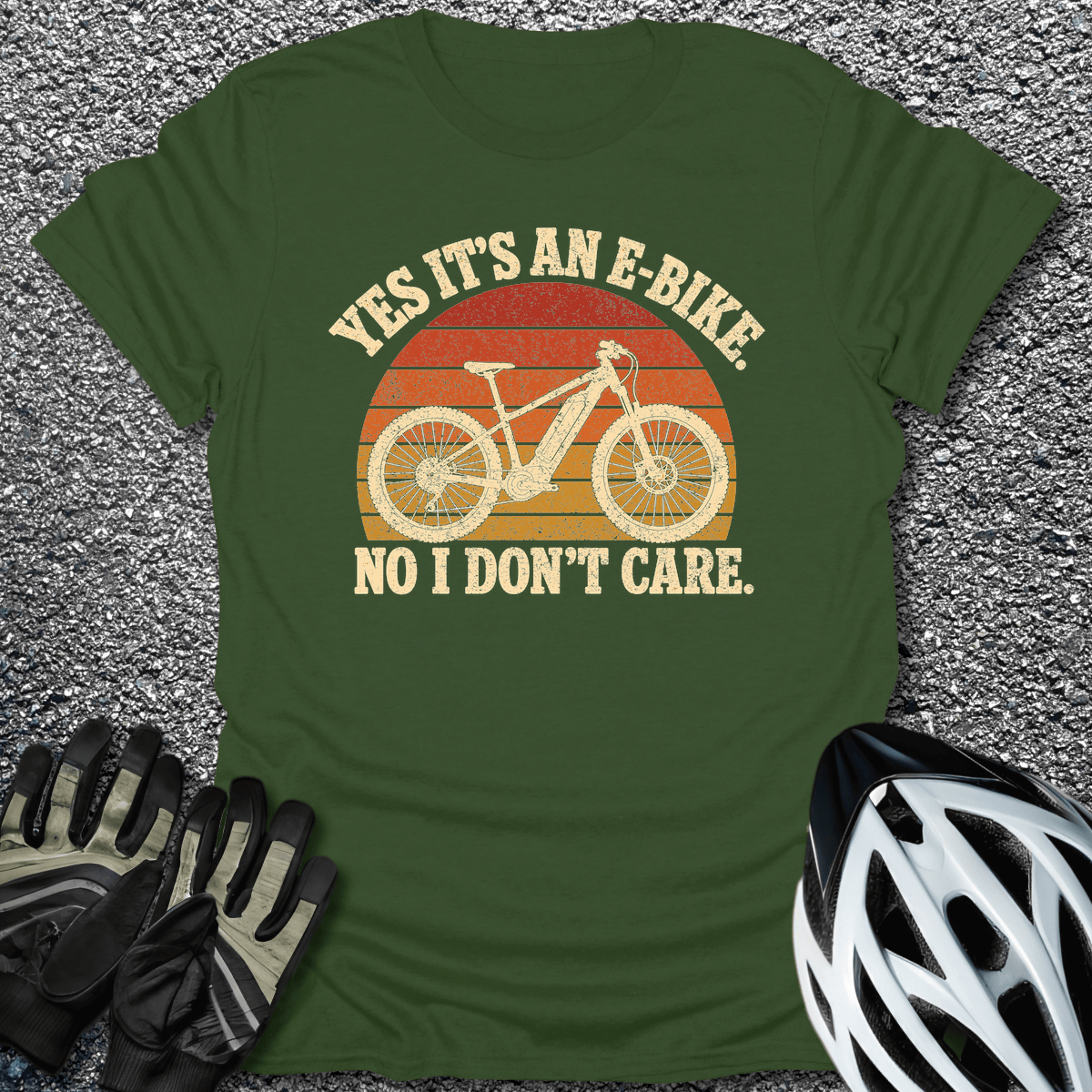 Yes E-Bike Don't Care T-Shirt in Military Green / S from CycleTees